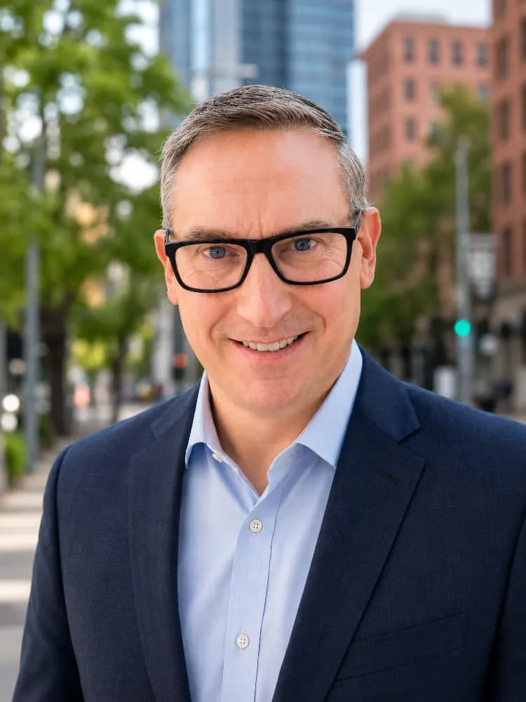 Adam J. Brittle, founder of Pacific Injury Law Firm, on a downtown Portland street