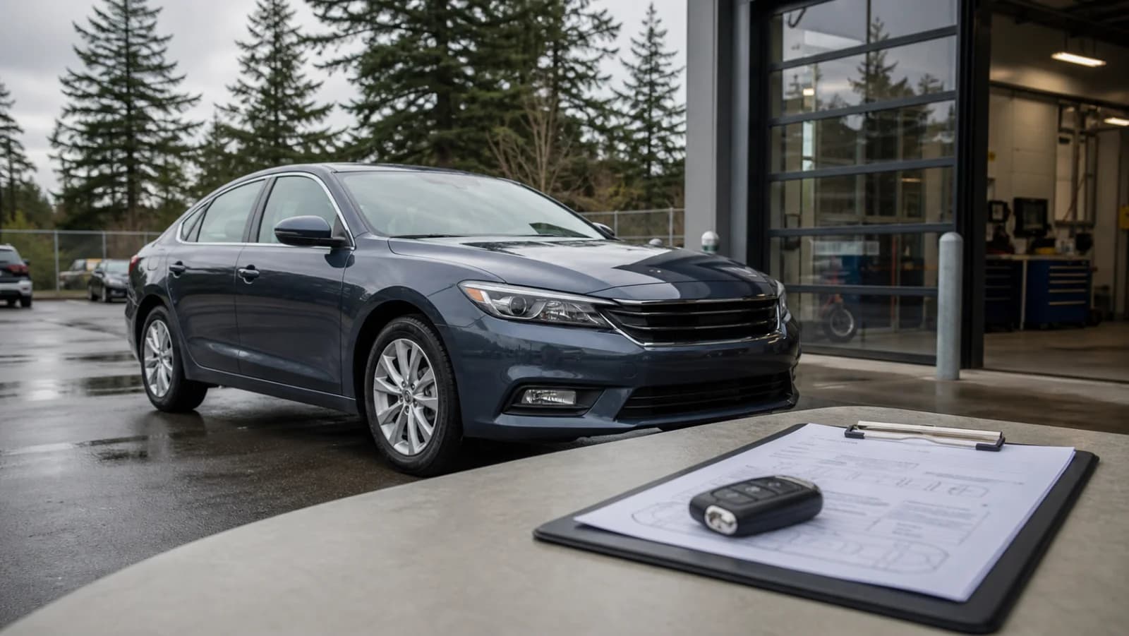 Repaired-leased-sedan-outside-an-Oregon-body-shop-with-inspection-paperwork